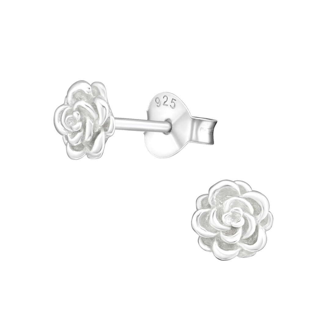 A pair of sterling silver rose-shaped stud earrings with a 925 hallmark.