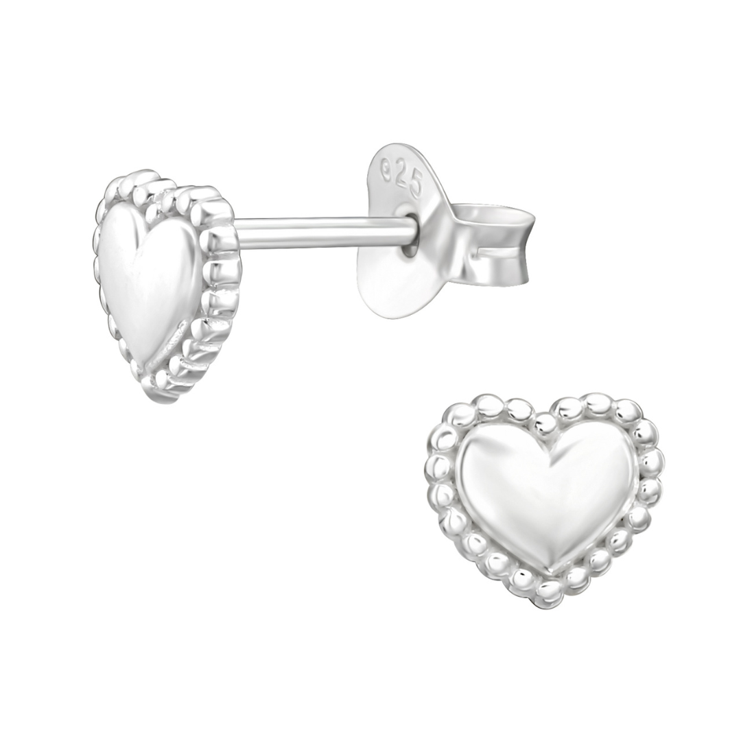 A pair of sterling silver heart-shaped stud earrings with a textured edge, displayed against a white background.
